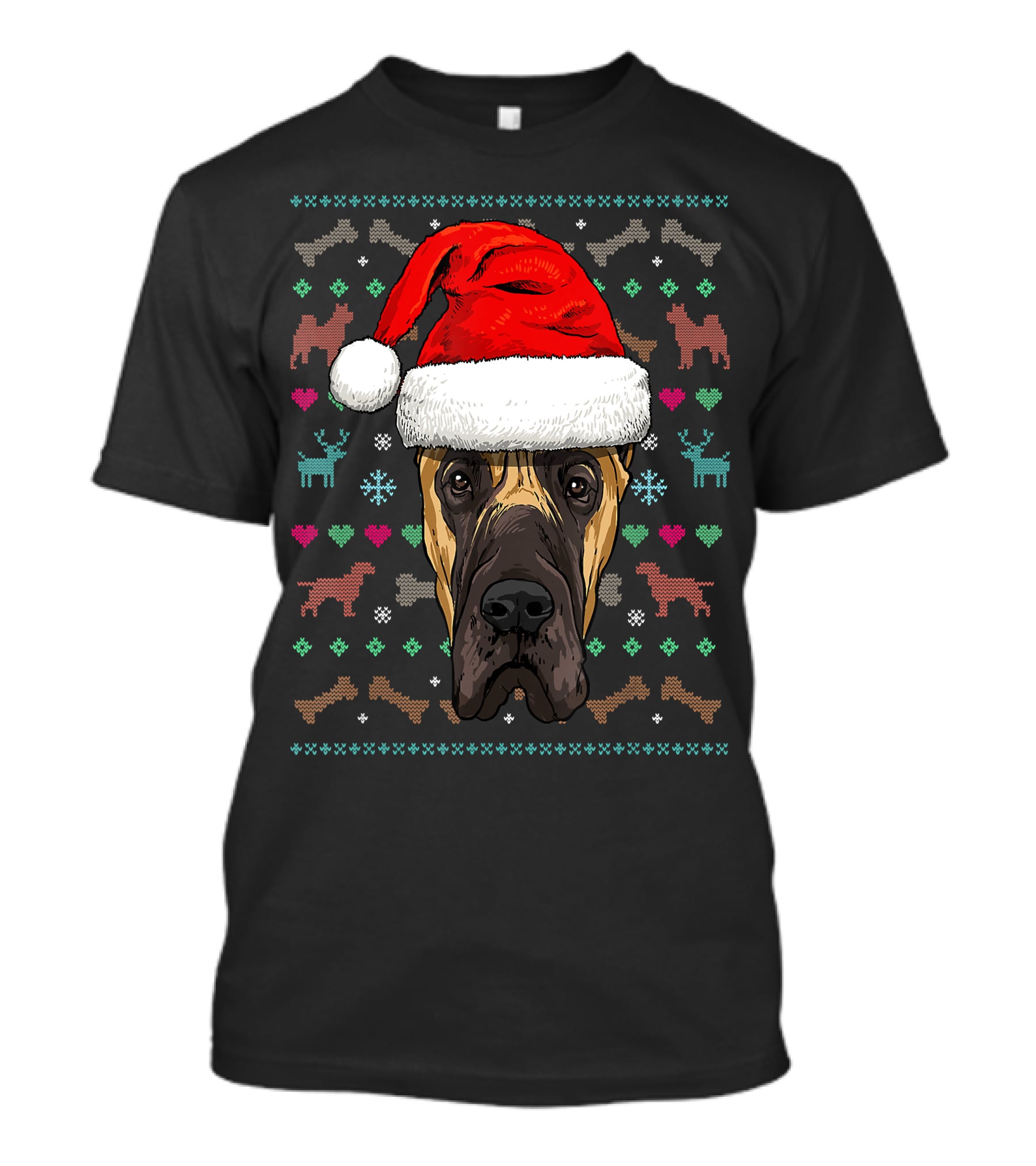 Great Dane Santa Hat Ugly Christmas Dog Reindeer Snowflake Hearts T-Shirt