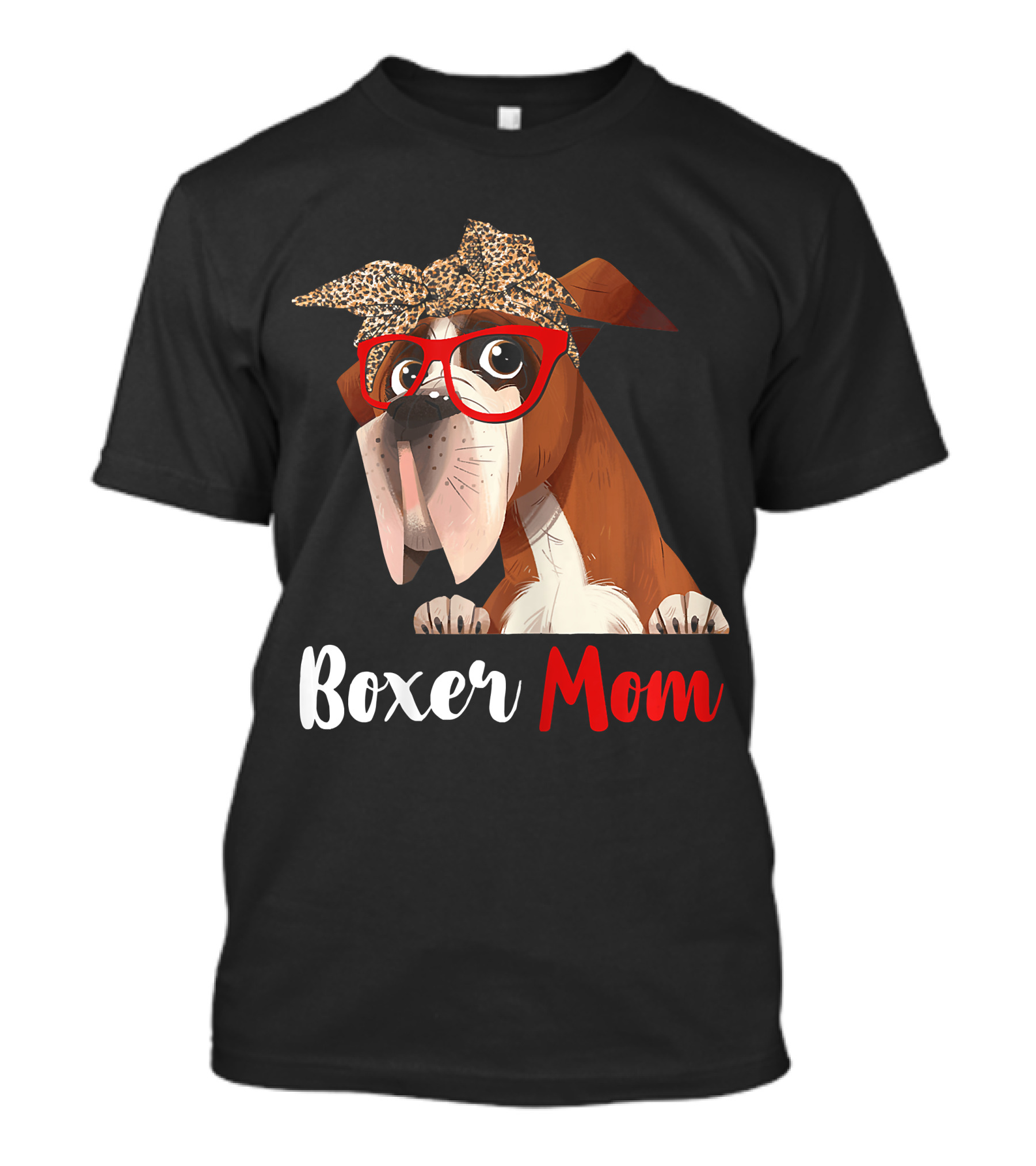 Boxer Mom With Red Glasses And Leopard Headband For Dog Lovers T-Shirt