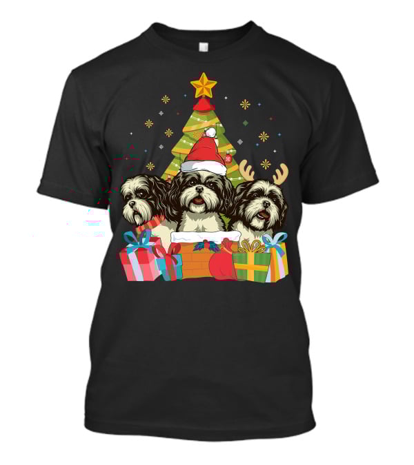 Christmas Shih Tzu Dogs With Santa Hat And Antlers By Xmas Tree T-Shirt